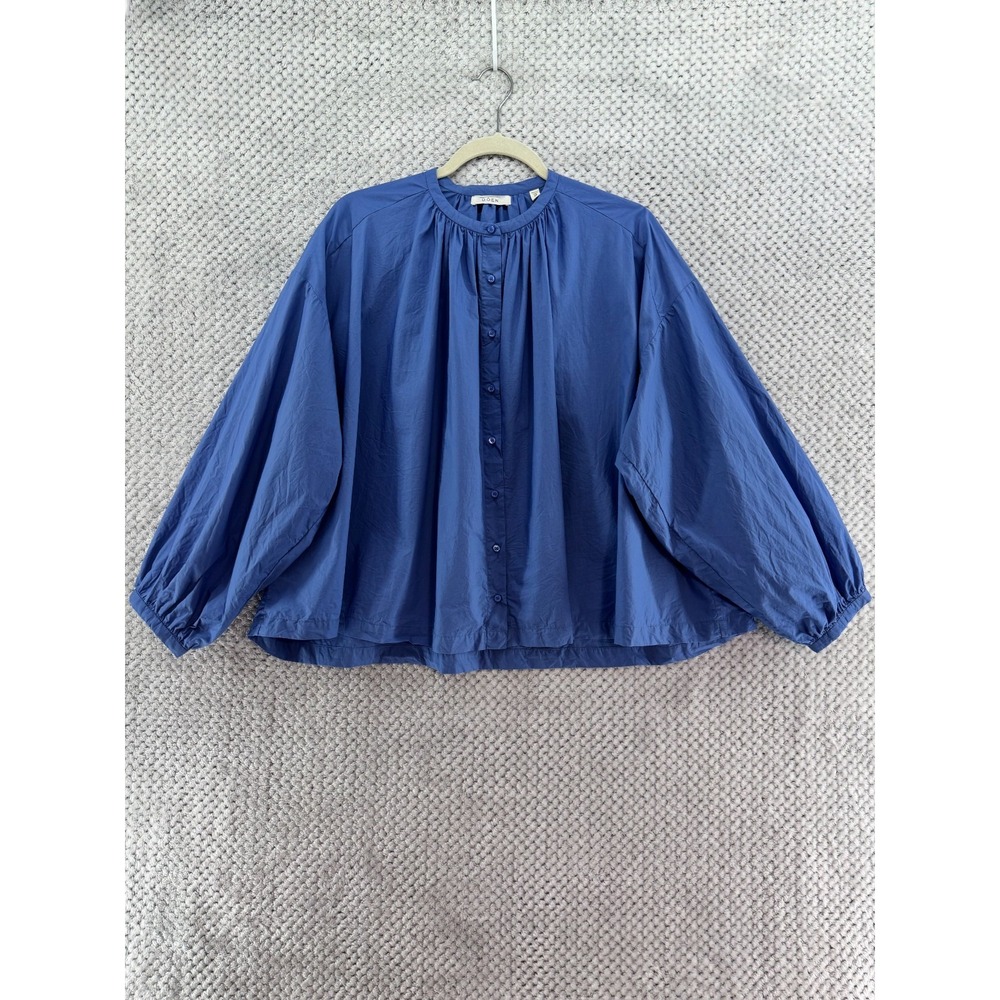 DOEN The Jane Blouse Women M Blue Cotton Crew Button Front Drapey Ballon Sleeve